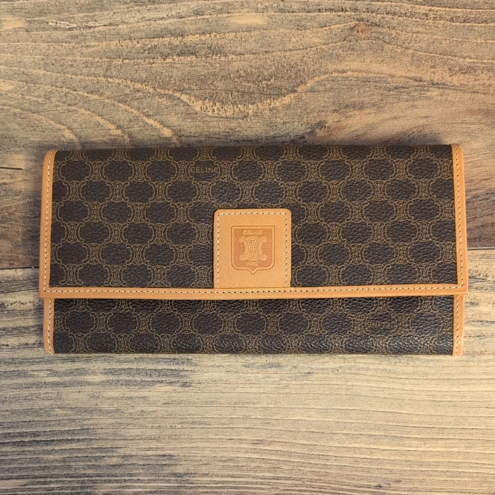 Celine Macadam Brown Coated Canvas Logo Long Italian Vintage Leather Wallet